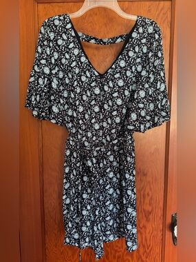 LOFT Navy Blue Floral V-Neck Romper with White and Pink Accents
